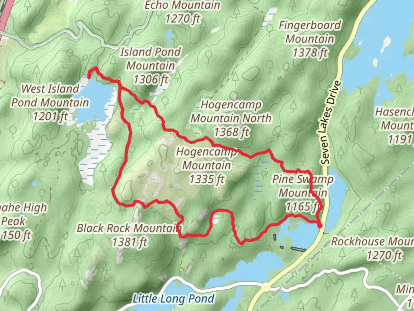 An image depicting the trail Island Pond Loop via Dunning Trail and Arden-Surebridge Trail and its surrounding area.