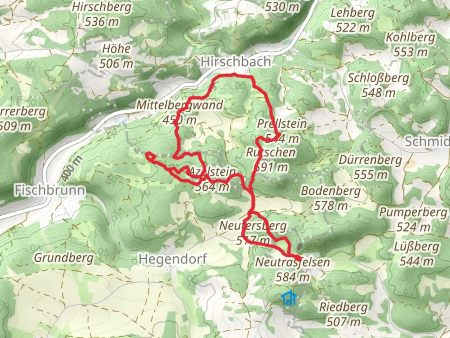 An image depicting the trail Francke-Kamin and Mittelbergwand Loop and its surrounding area.