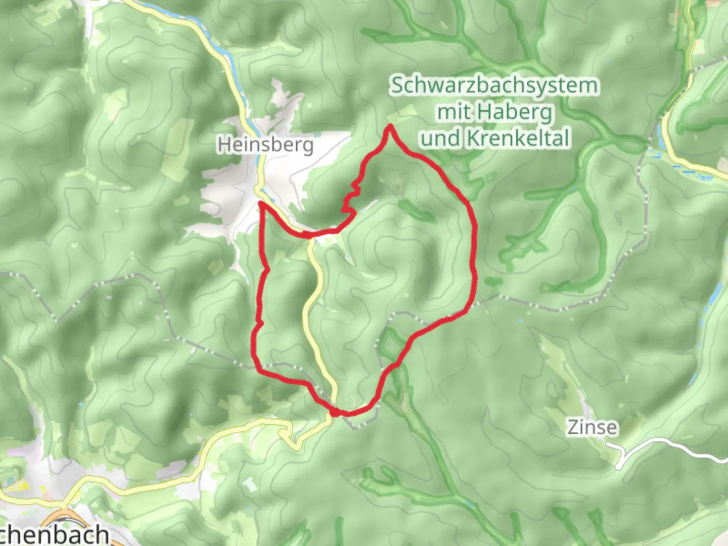 An image depicting the trail Vogelsberg via Wilhelm-Muenker Weg and Hilchenbacher Hoehenring and its surrounding area.