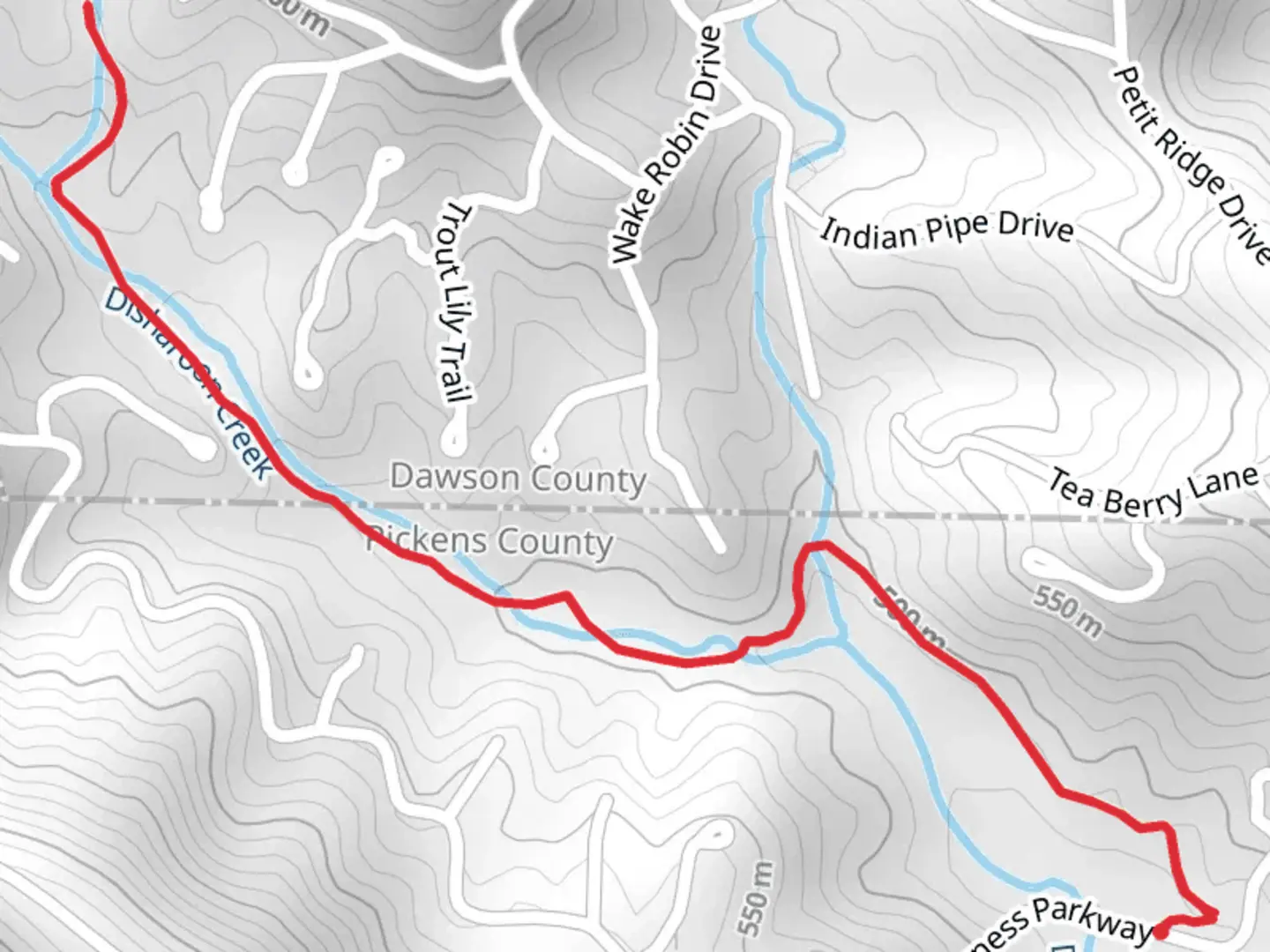 An image depicting the trail Disharoon Creek from Wilderness Parkway and its surrounding area.