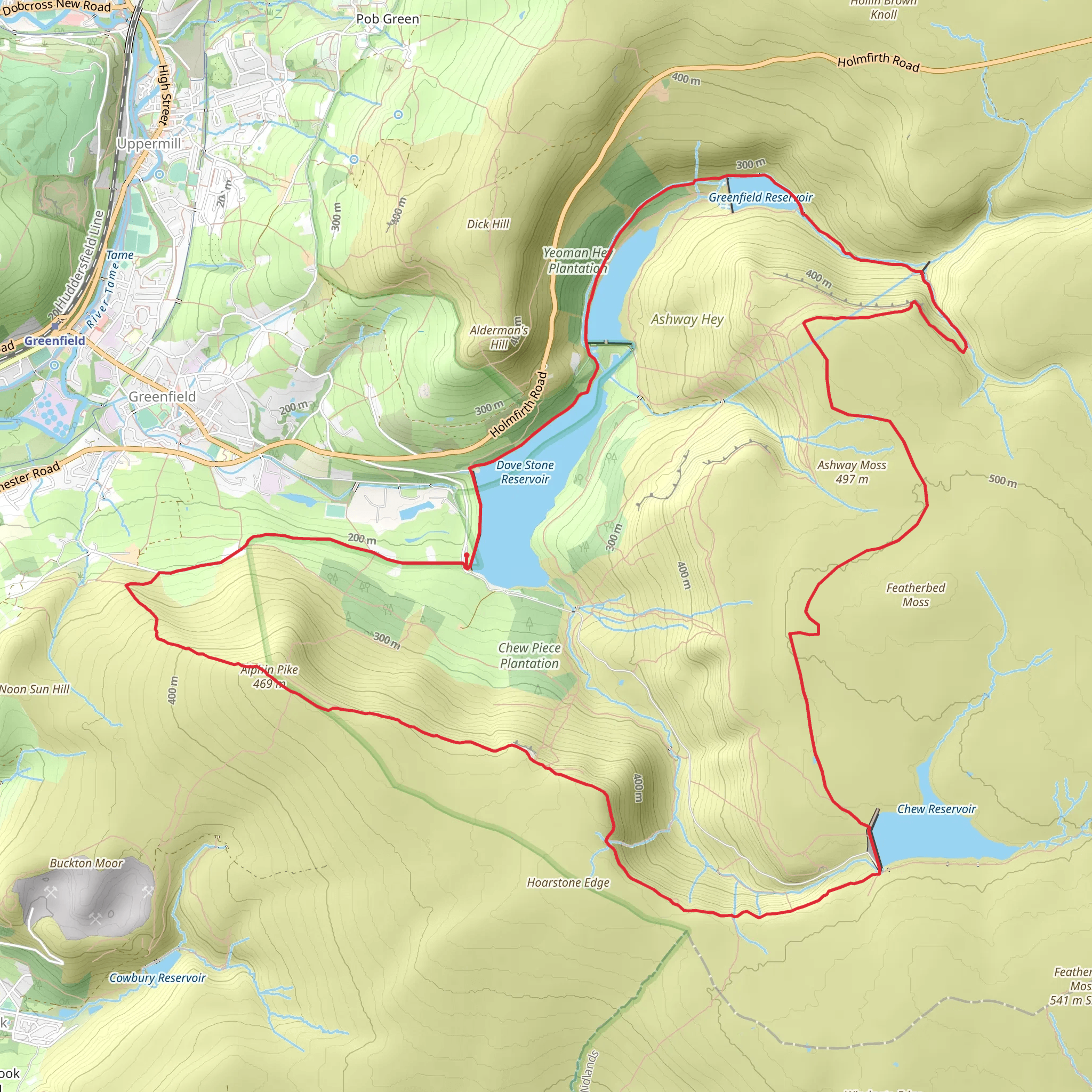 Dovestone Reservoir, Alphin Pike and Chew Reservoir Loop - Greenfield mobile static map