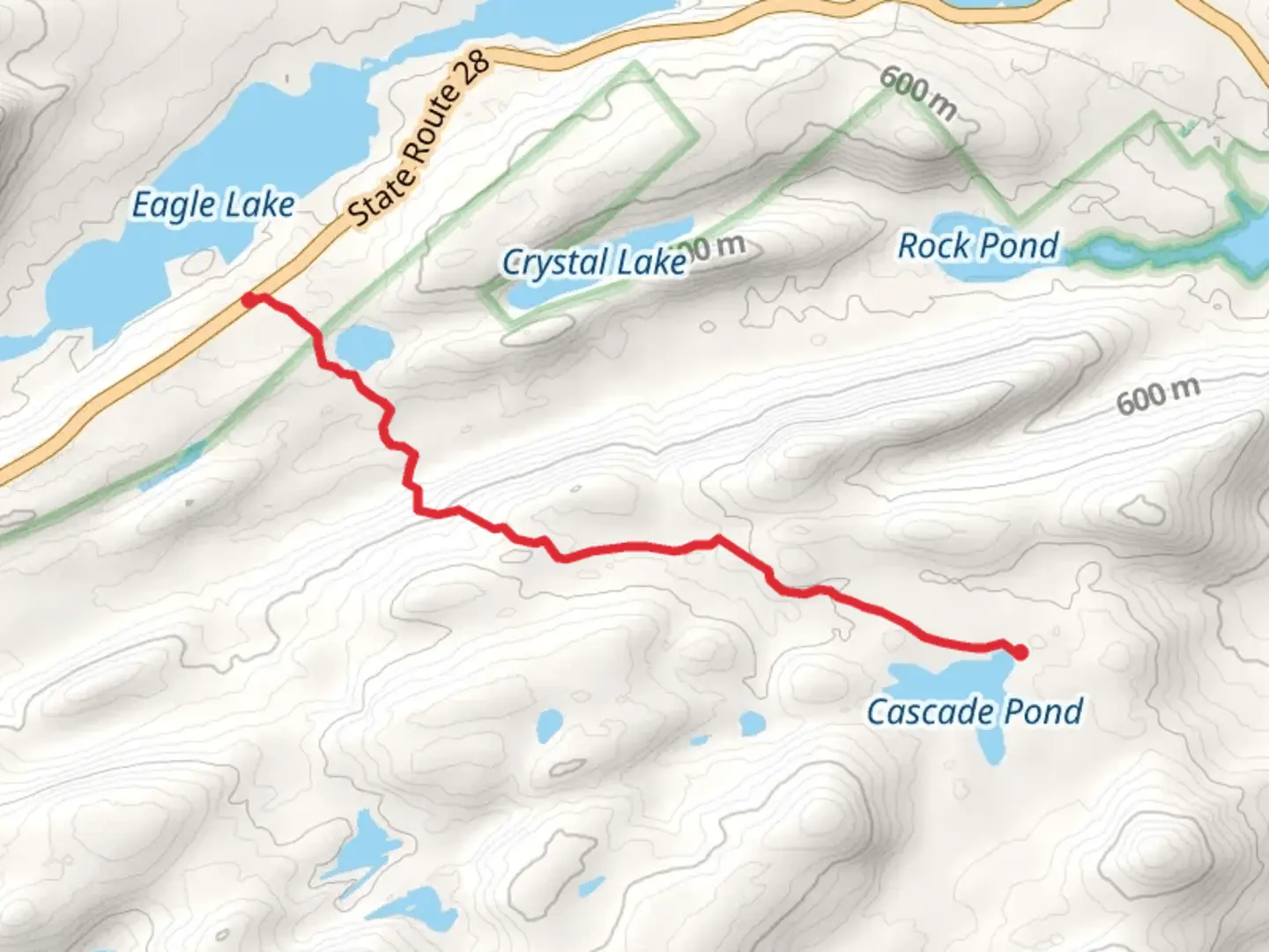 An image depicting the trail Grassy Pond and Cascade Pond via Wilson Pond Trail and its surrounding area.