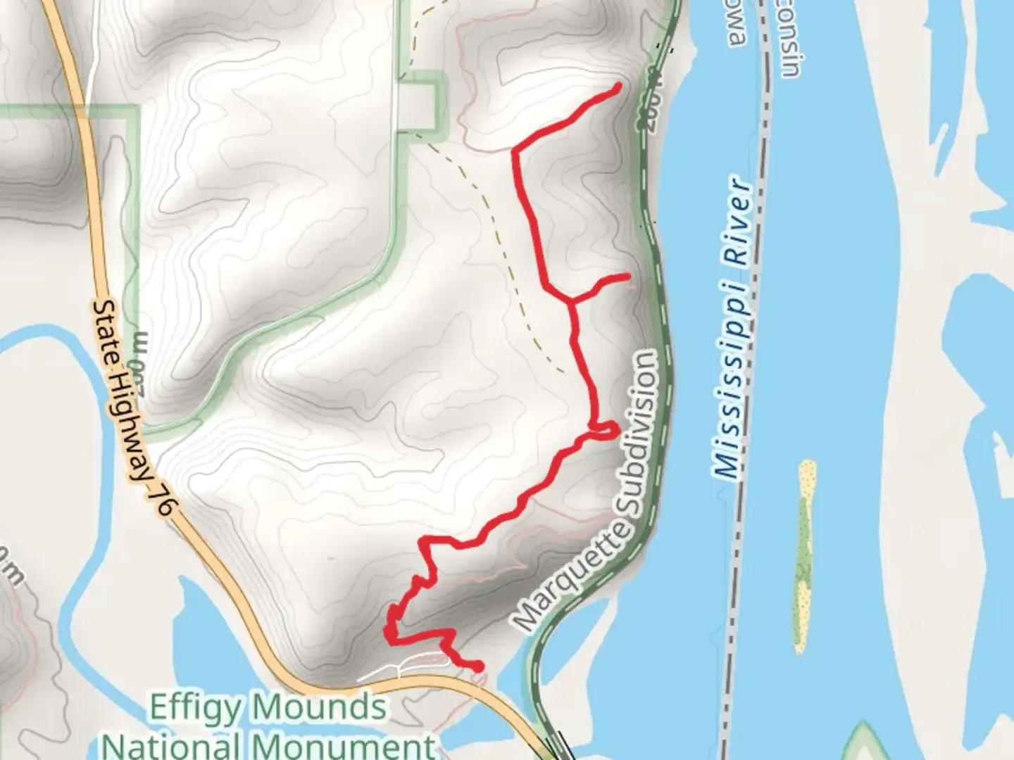 An image depicting the trail Mississippi River, Eagle Rock and Fire Point via Effigy Mounds and its surrounding area.