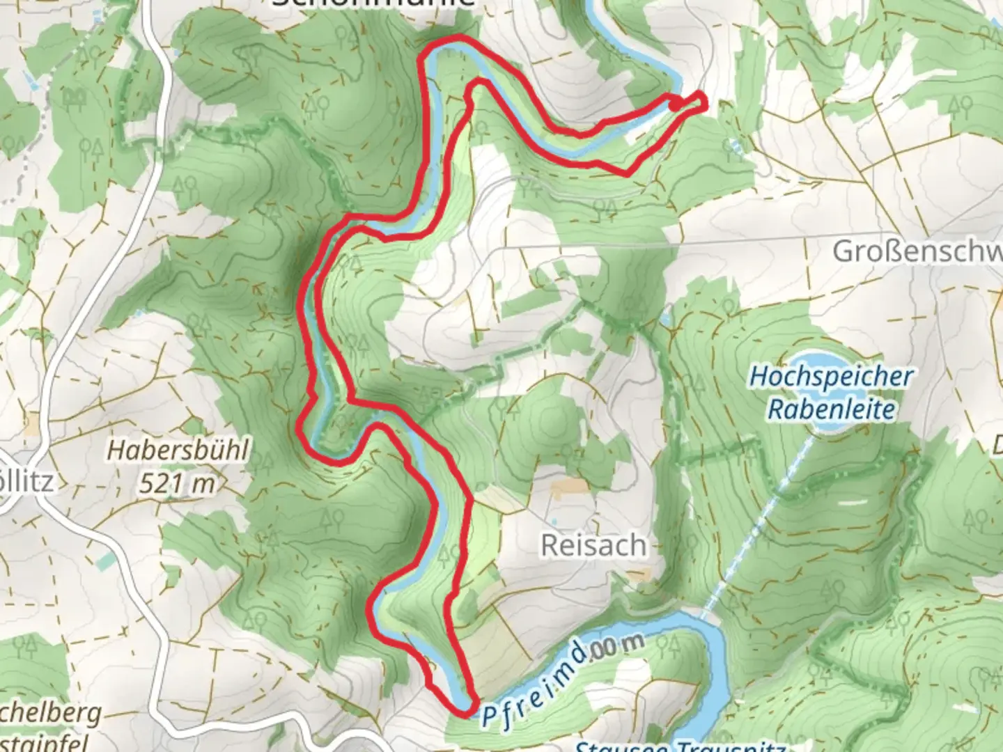 An image depicting the trail Pfreimd via Pfreimdtal Uferpfad and its surrounding area.