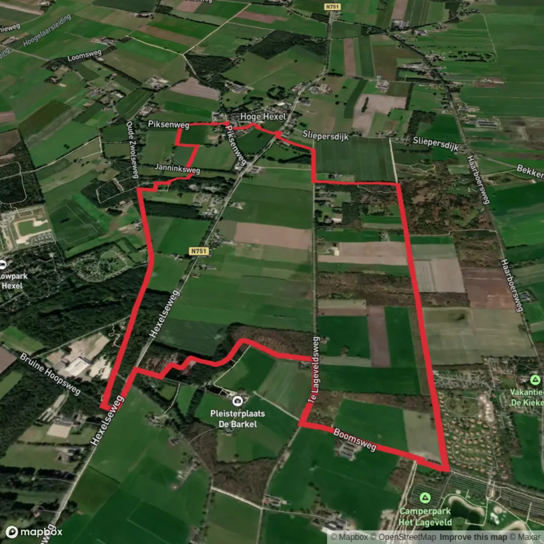 An image depicting the trail Hoge Hexel via Boomsweg and Oude Zwolseweg and its surrounding area.