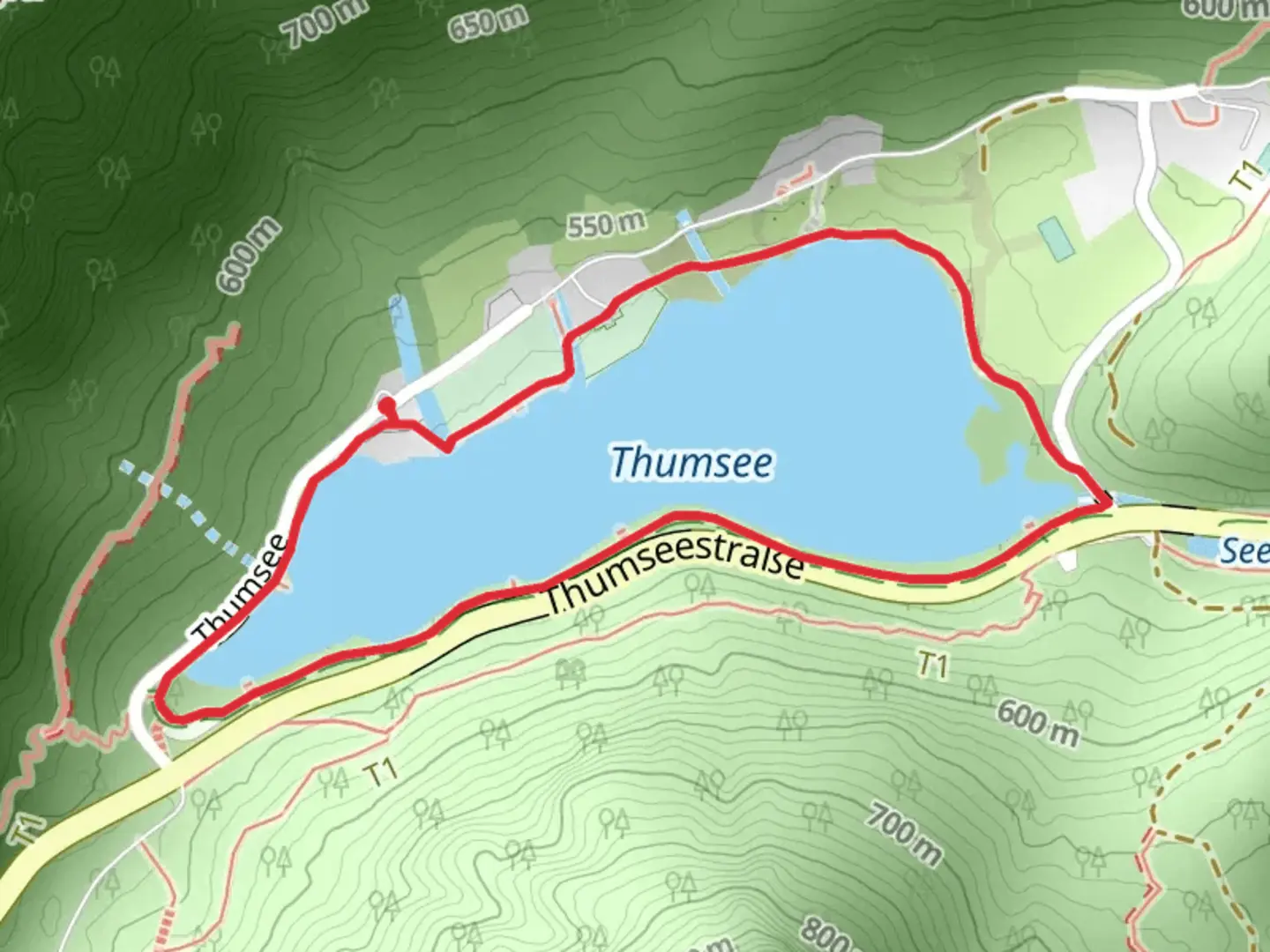 An image depicting the trail Thumsee Loop via Thumseerundweg and its surrounding area.