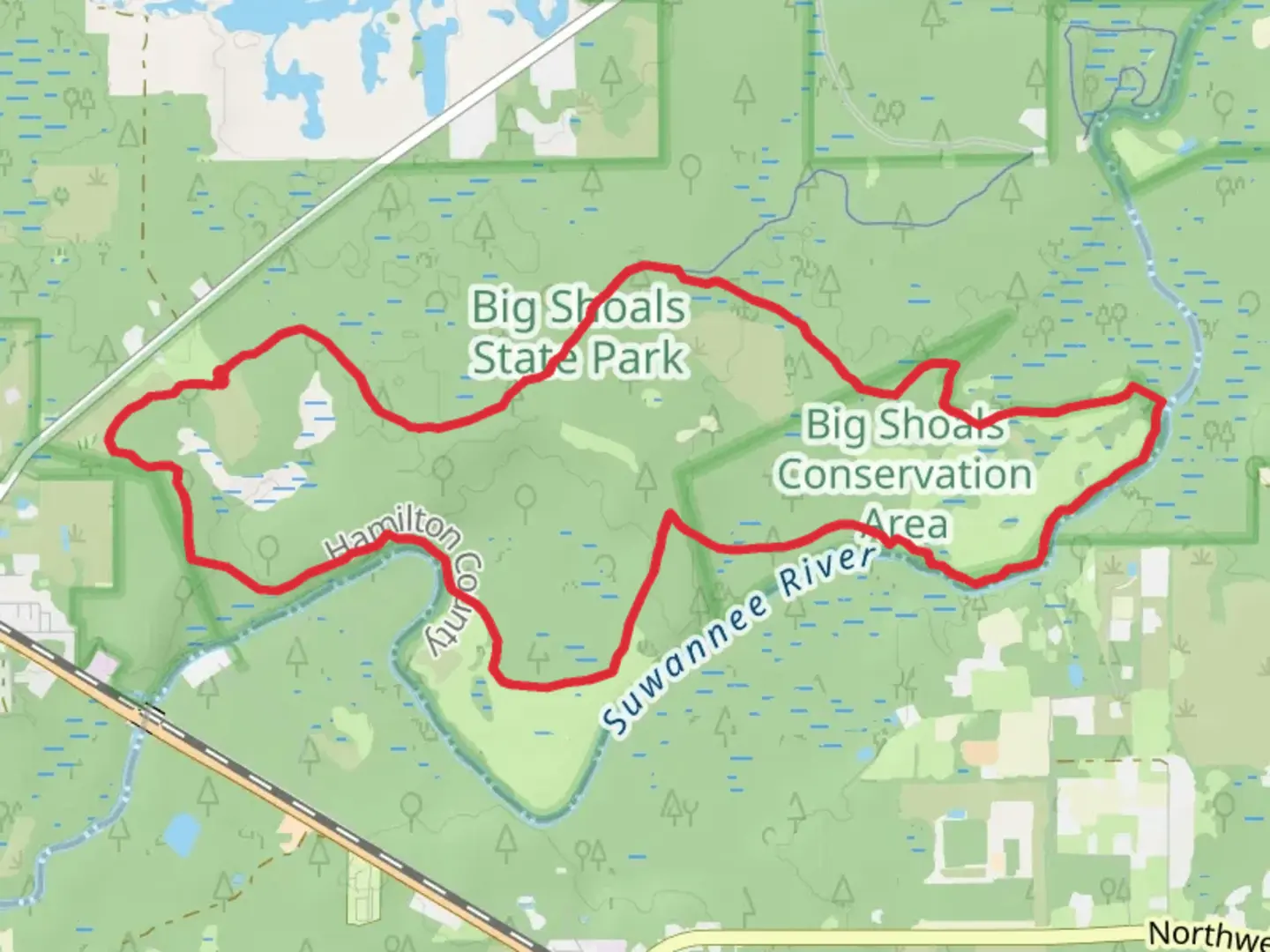 An image depicting the trail Big Shoals State Park Loop and its surrounding area.