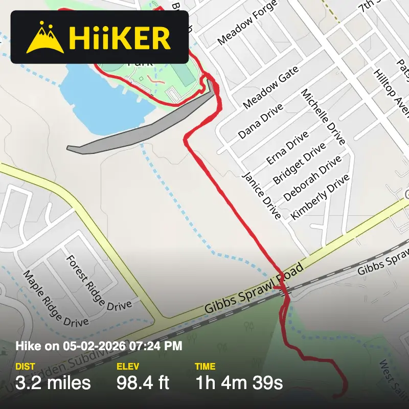 A map preview of the recording Hike on 05-02-2026 07:24 PM.