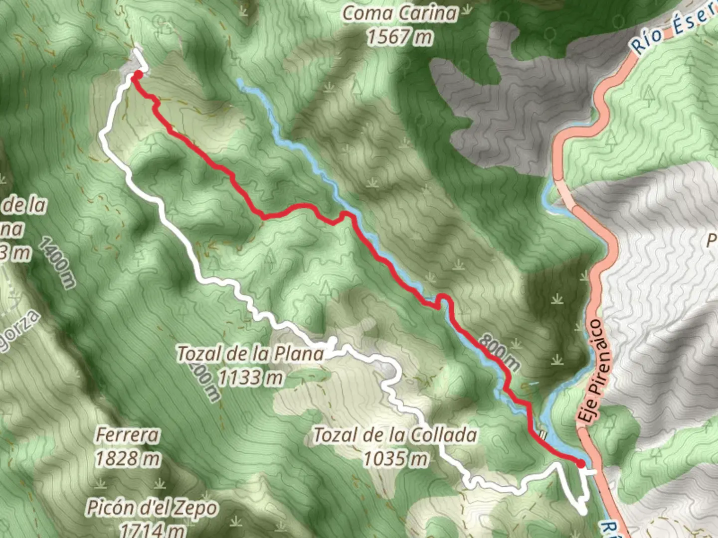An image depicting the trail Senz - Viu PR HU 120 and its surrounding area.
