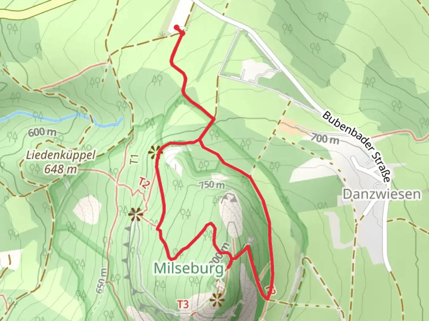 An image depicting the trail Tothholz and Milseburg via Geisweg and its surrounding area.