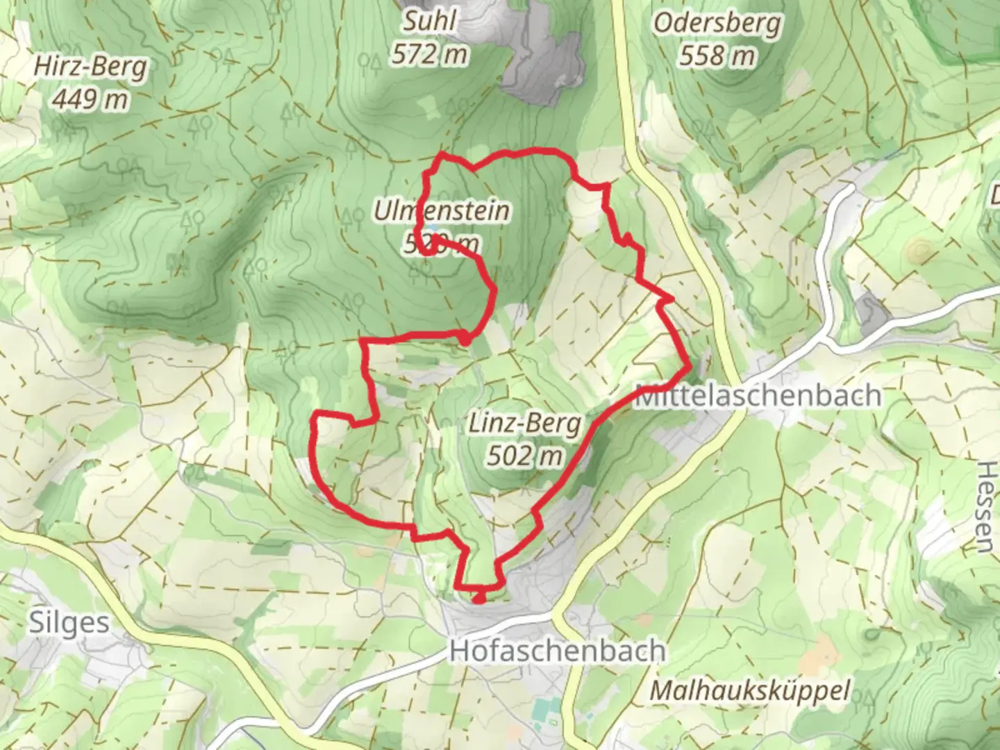 An image depicting the trail Ulmenstein Loop via Extratour Ulmenstein and its surrounding area.