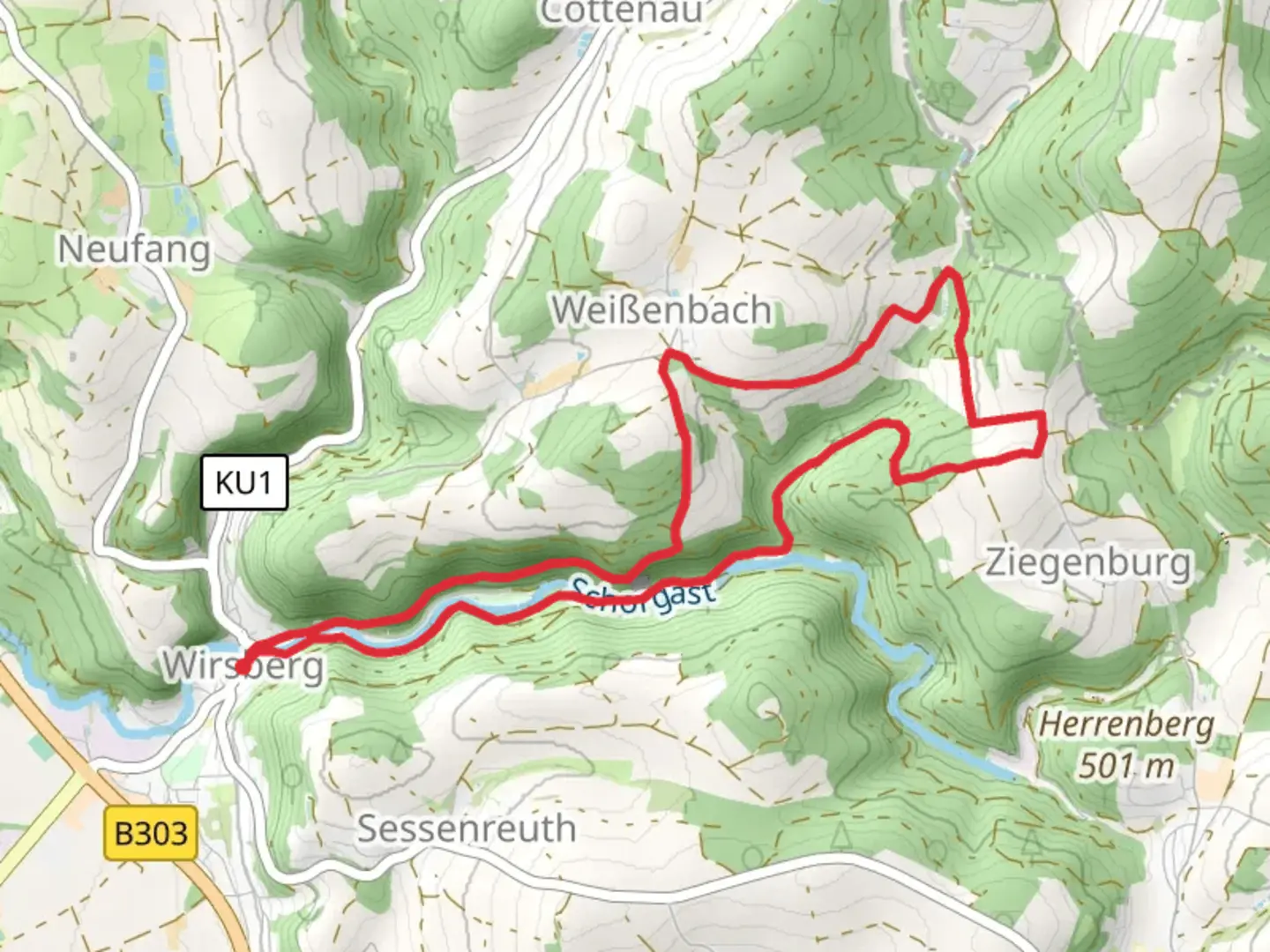 An image depicting the trail FrankenwaldSteigla Franzosenweg and its surrounding area.