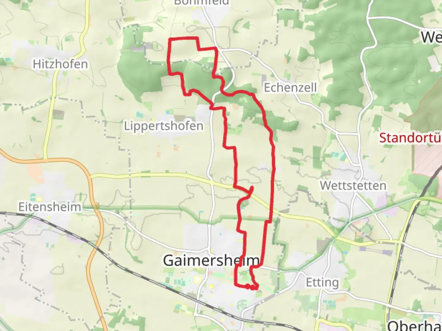 An image depicting the trail Gaimersheim and Reisberg Loop and its surrounding area.