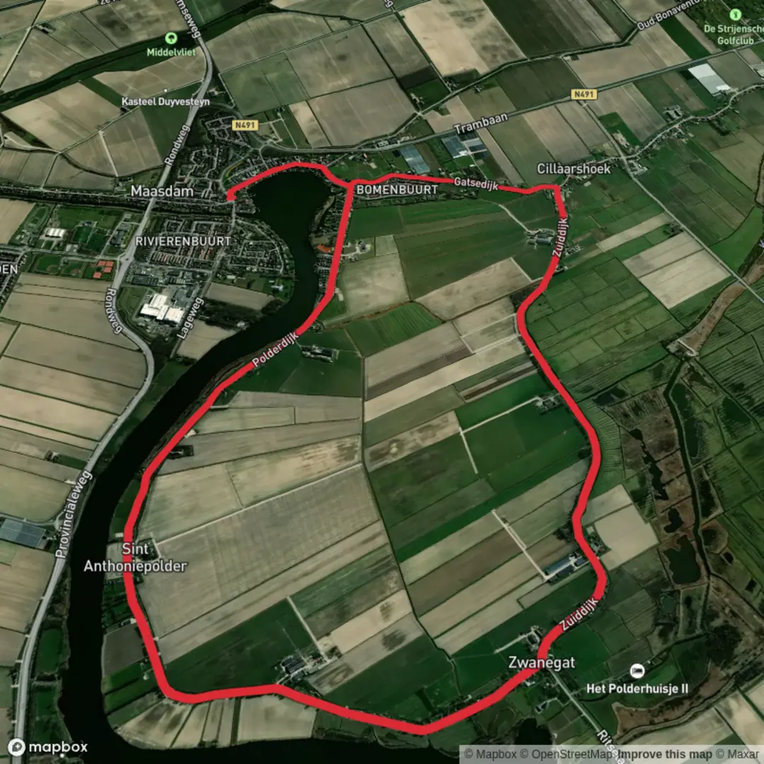 An image depicting the trail Maasdam and Sint Anthonie Polder Loop and its surrounding area.
