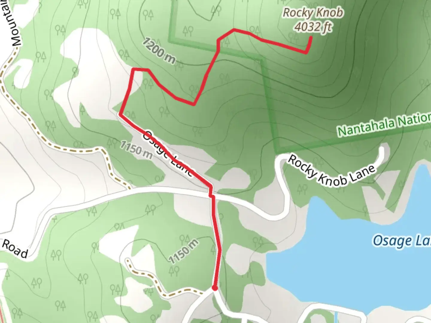 An image depicting the trail Rocky Knob from Osage Lake and its surrounding area.