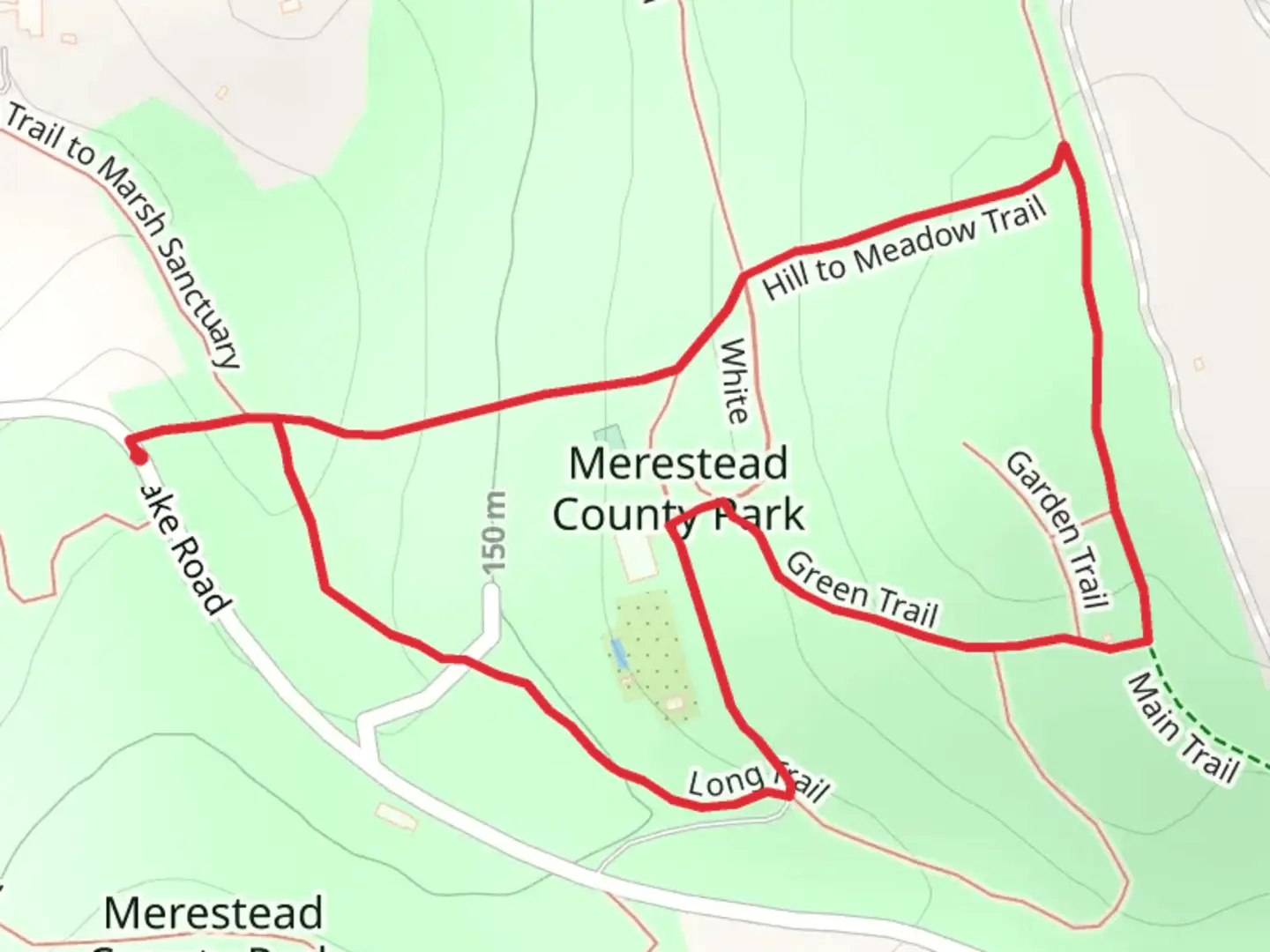 An image depicting the trail Merestead Loop from Byram Lake Road and its surrounding area.