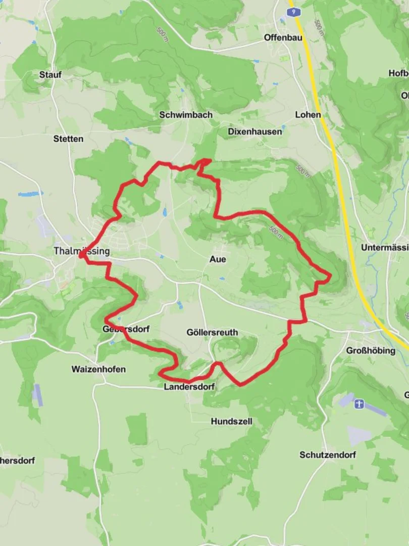 An image depicting the trail Thalmassing Loop via Auer Berg and its surrounding area.