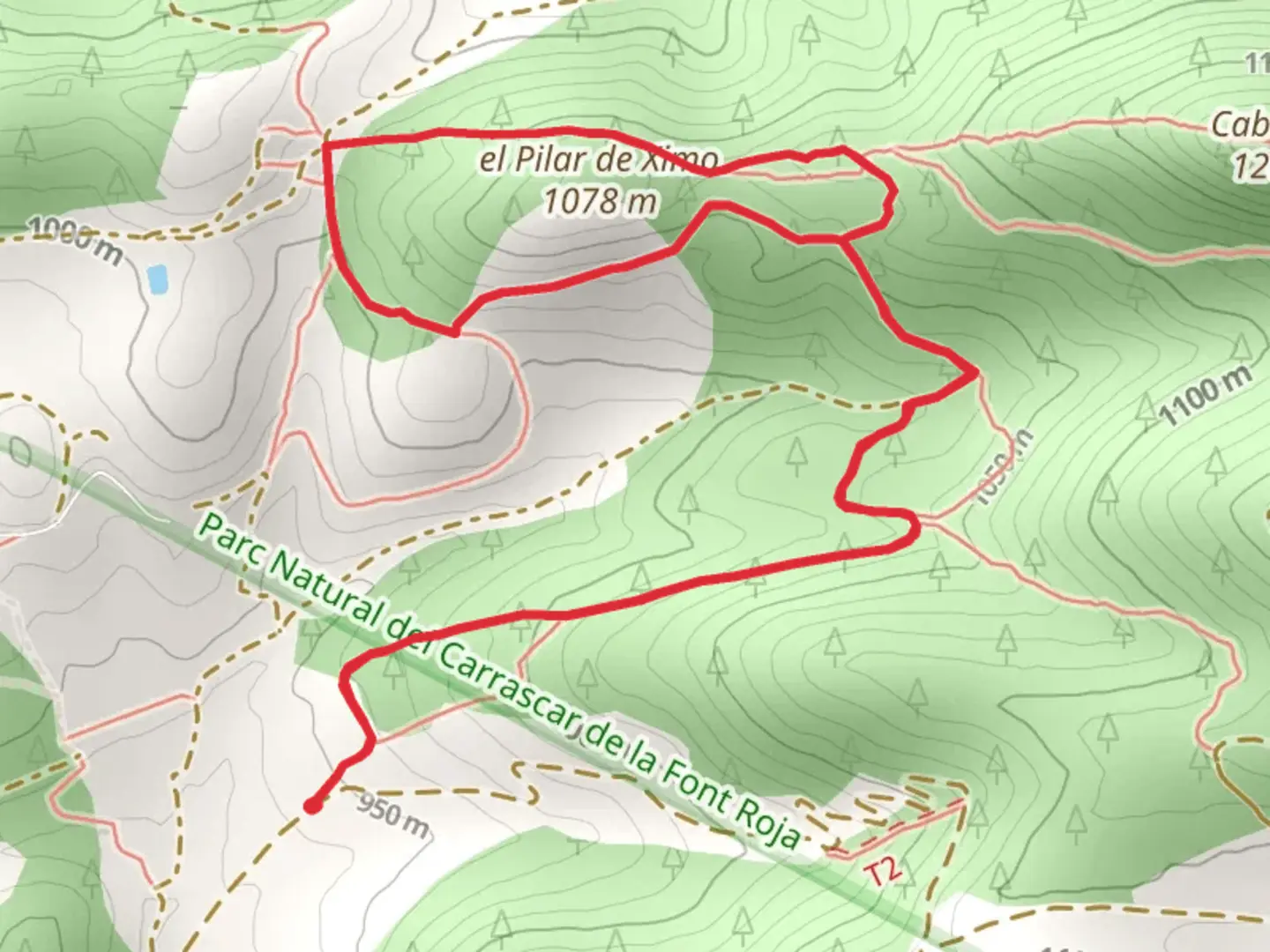 An image depicting the trail Alternative Camí dels Geladors PR CV 127-1 and its surrounding area.
