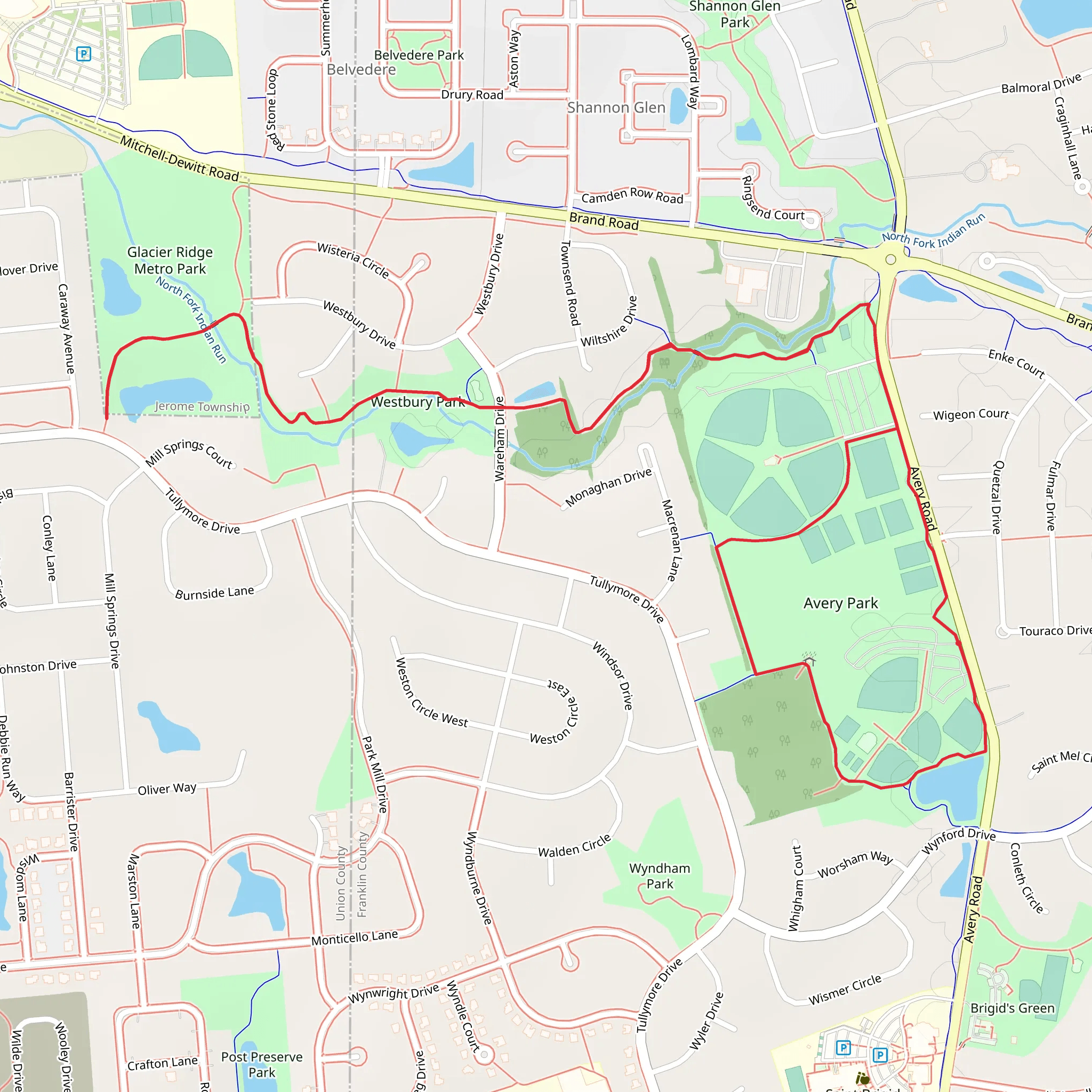 Avery Park and Bishop's Run Park Walk mobile static map