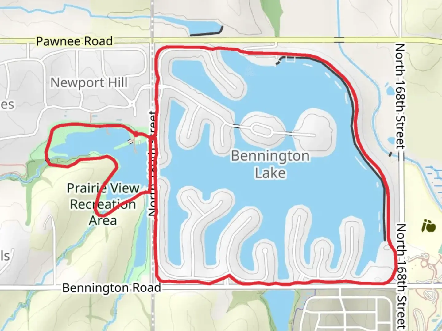 An image depicting the trail Prairie View Lake and Bennington Lake Loop and its surrounding area.