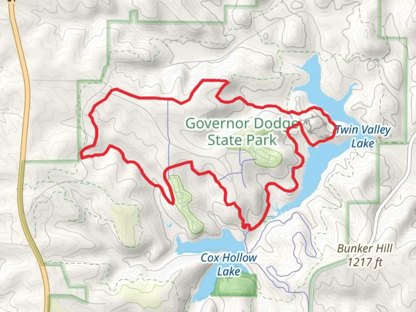 An image depicting the trail Lost Canyon Trail, Goldmine Trail and Cave Loop and its surrounding area.