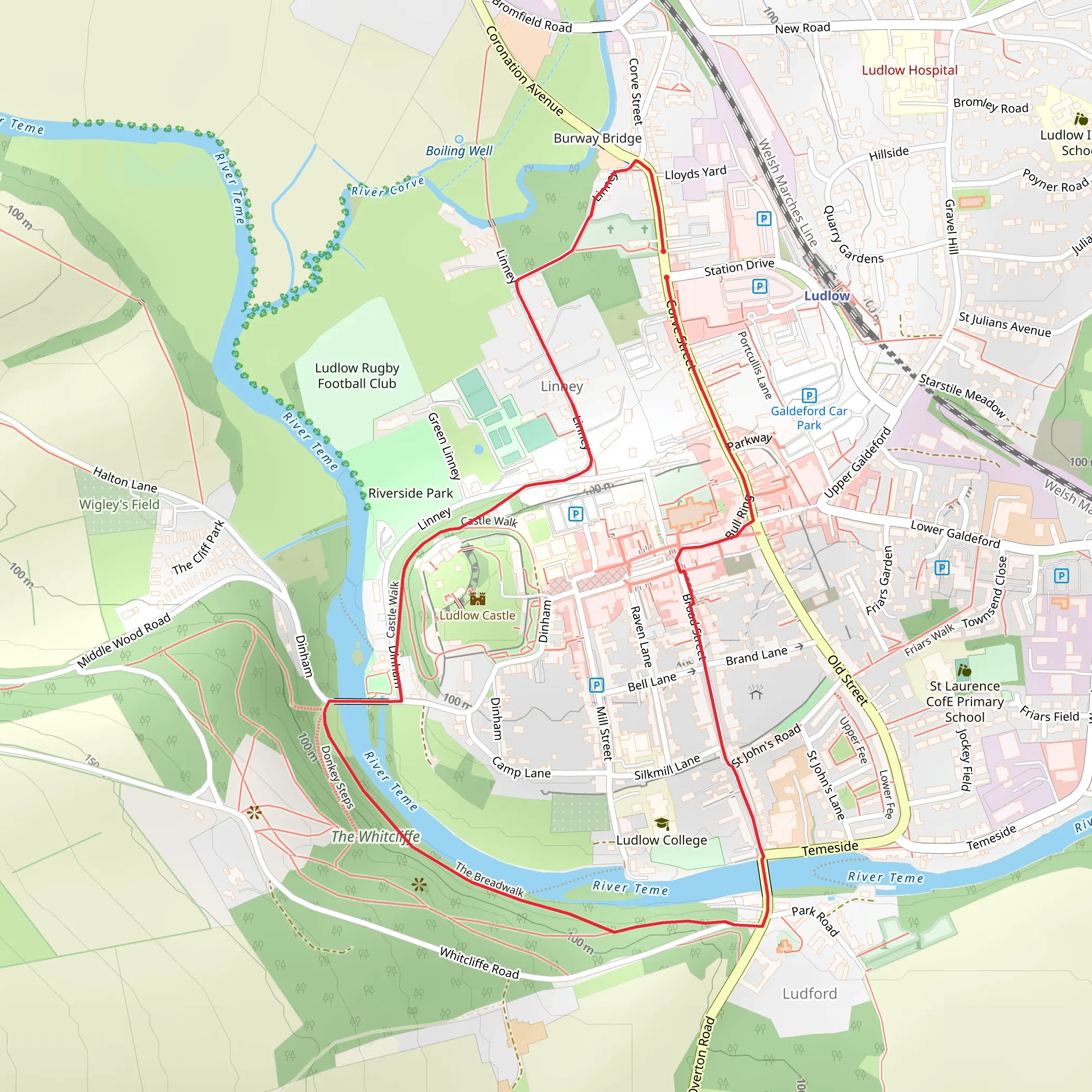 Ludlow Castle and Dinham Weir Wild Swimming Loop mobile static map