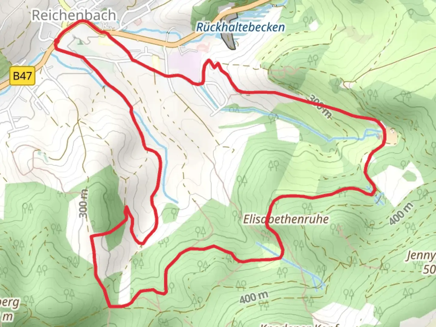 An image depicting the trail Reichenbach and Hohensteiner Strasse and its surrounding area.