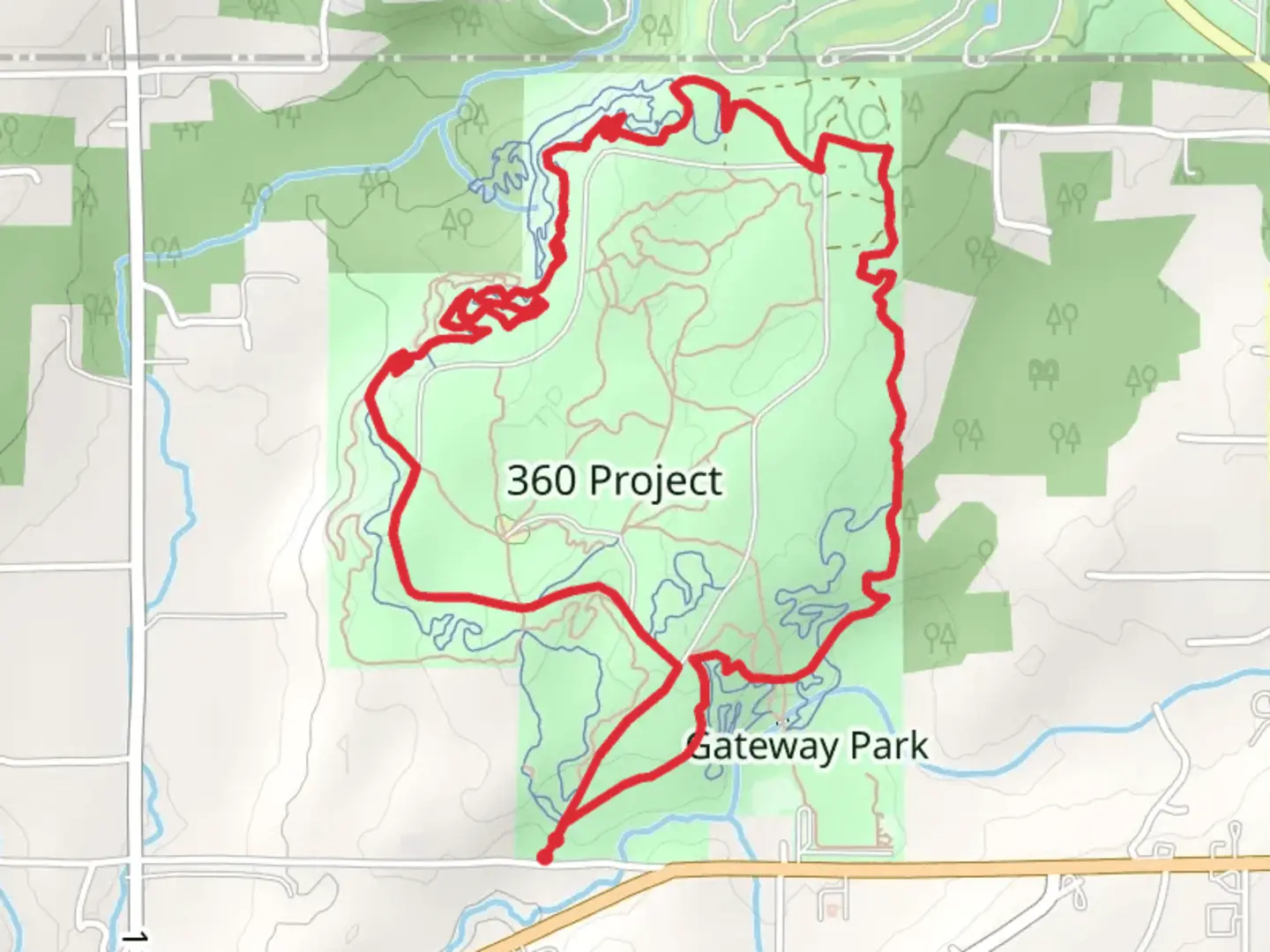 An image depicting the trail Main Trail and East Wing Loop and its surrounding area.