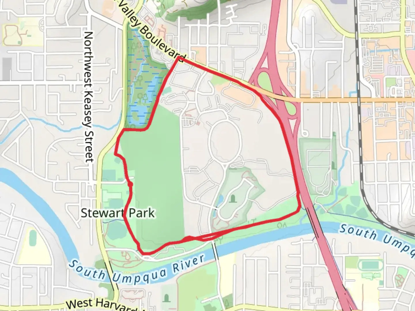 An image depicting the trail Stewart Park and riverfront Park Loop and its surrounding area.