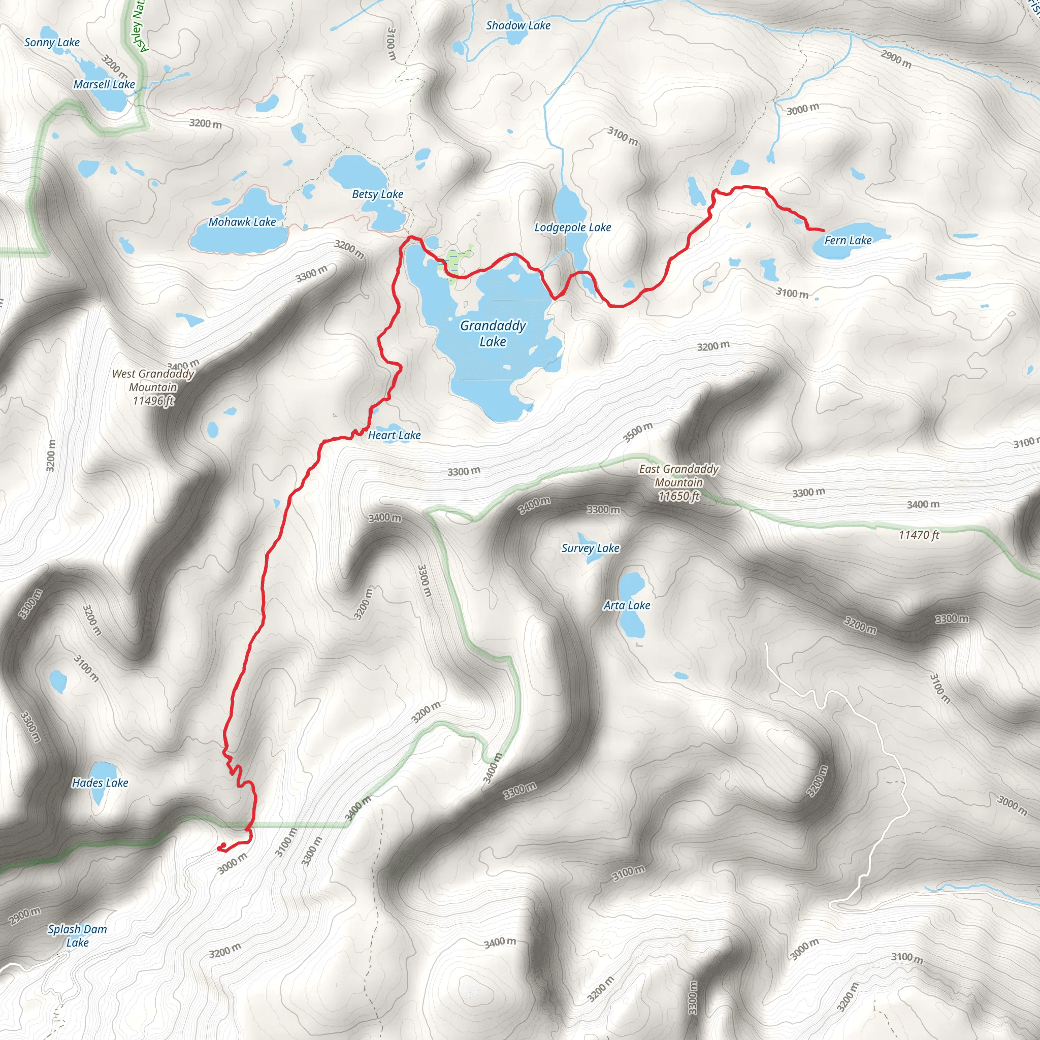 Grandaddy Lake and Fern Lake via Hades Rocky Sea Pass Trail mobile static map