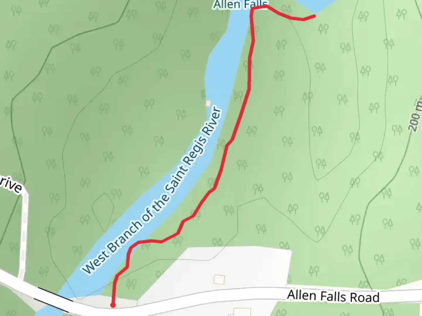 An image depicting the trail West Branch of the Saint Regis River from Allen Falls Road and its surrounding area.