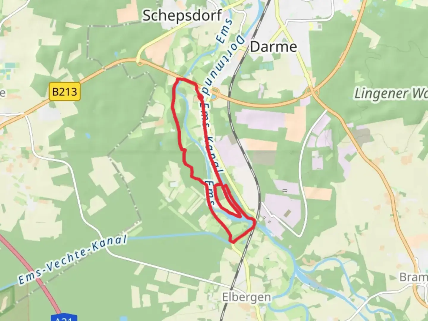 An image depicting the trail Dortmund-Ems-Kanal and Ems via Emsweg and its surrounding area.