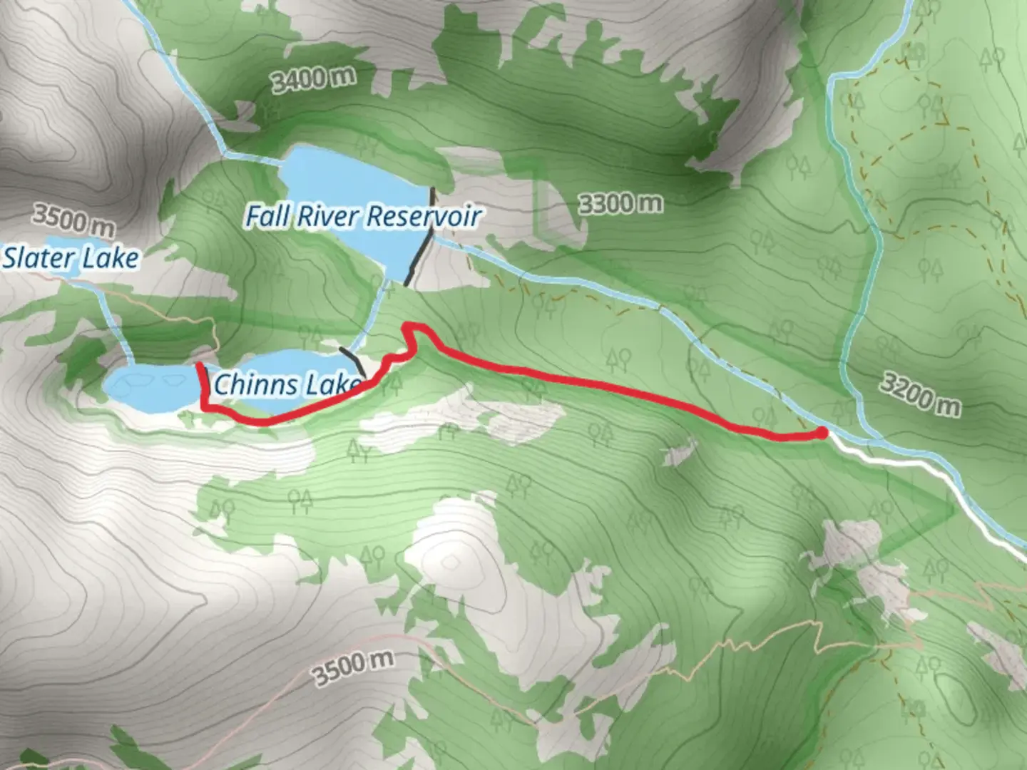 An image depicting the trail Lower Chinns Reservoir and Upper Chinns Reservoir and its surrounding area.