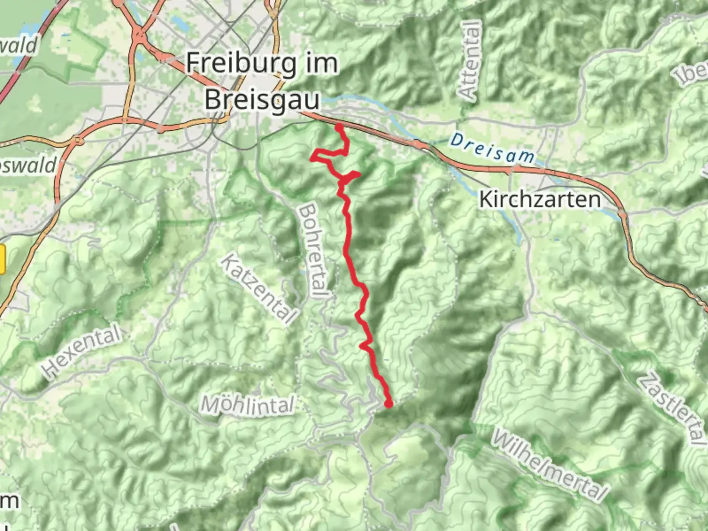 An image depicting the trail Moeslepark to Schauinsland via Laufstrecke Schauinsland Berglauf and its surrounding area.
