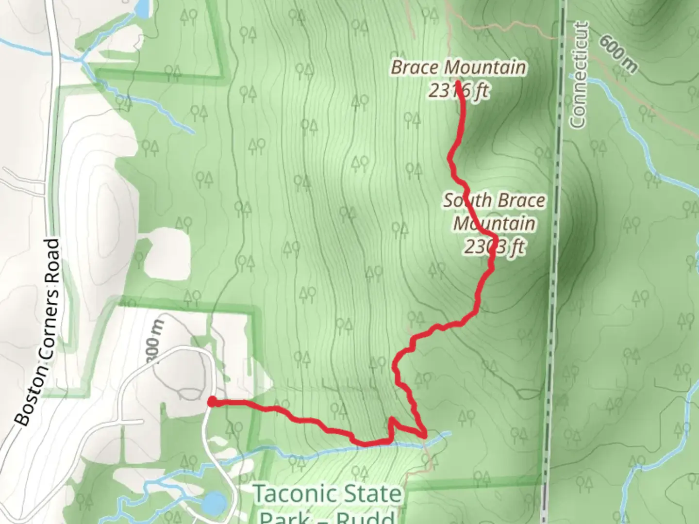 An image depicting the trail South Brace Mountain and Brace Mountain Trail from Quary Hill Road and its surrounding area.