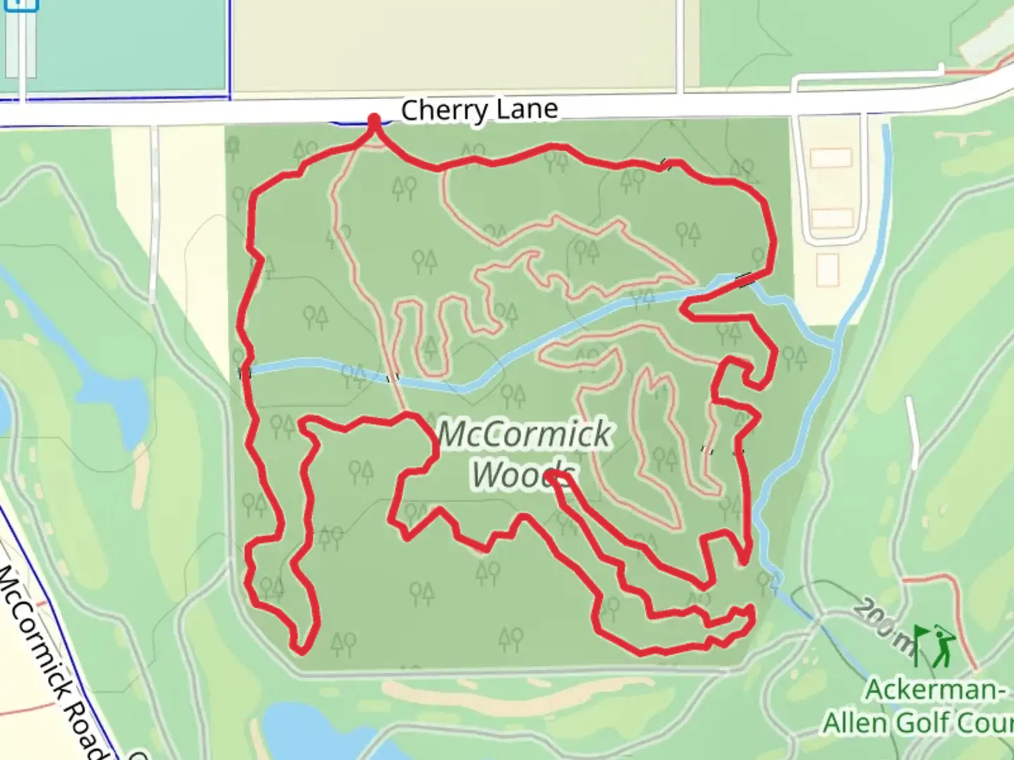 An image depicting the trail McCormick Woods Outer Loop and its surrounding area.