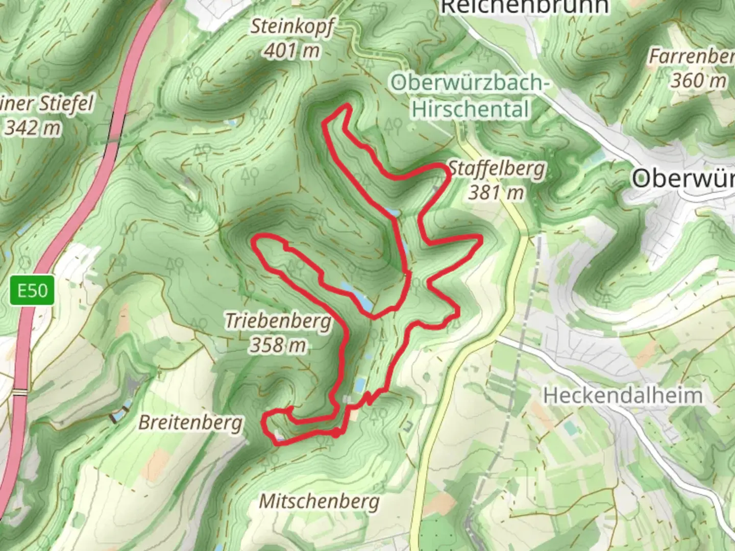 An image depicting the trail Wisch- Und Wogbachtal and Rheinfels Loop and its surrounding area.