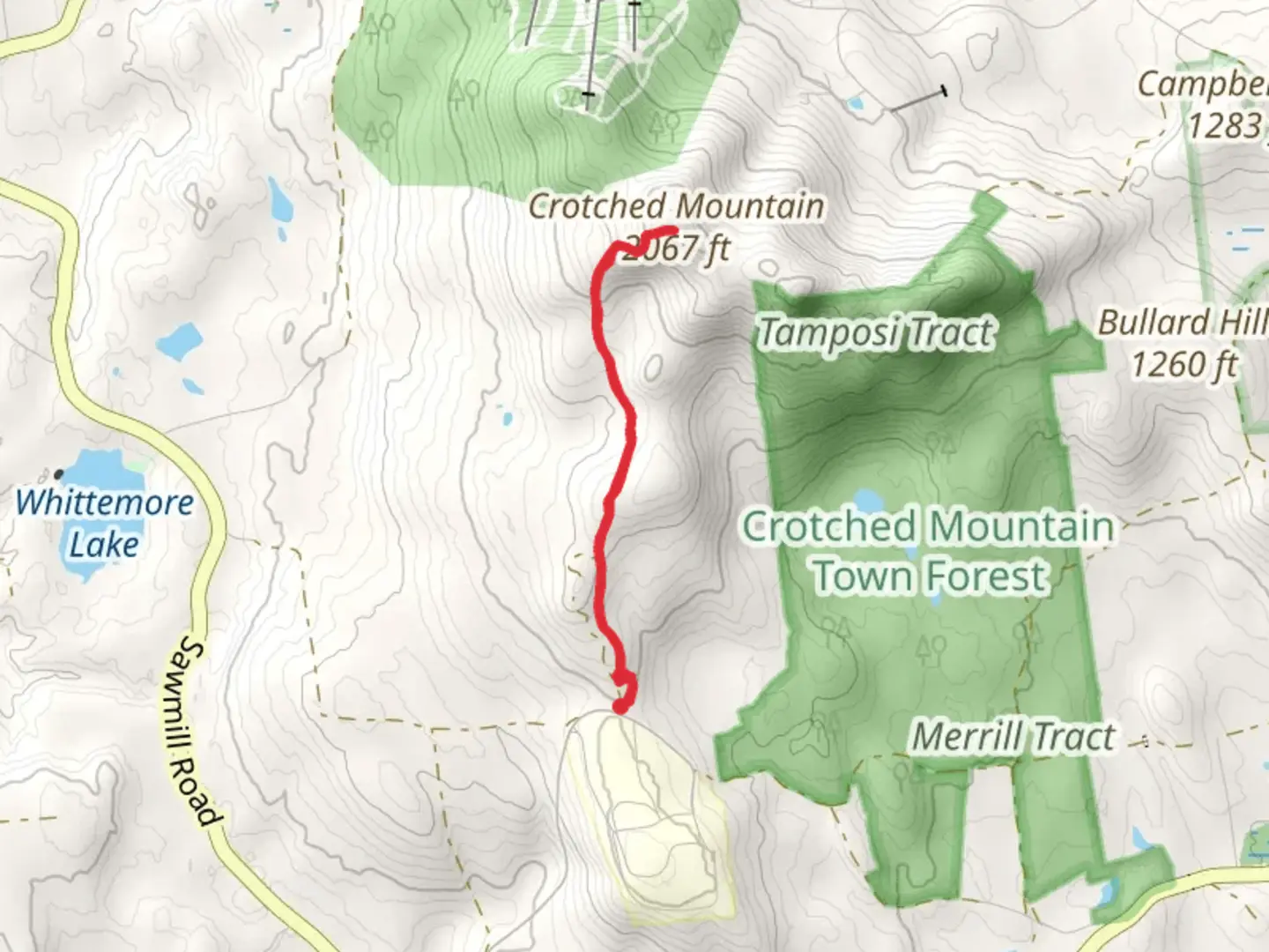 An image depicting the trail Crotched Mountain from Croched Mountain Road and its surrounding area.