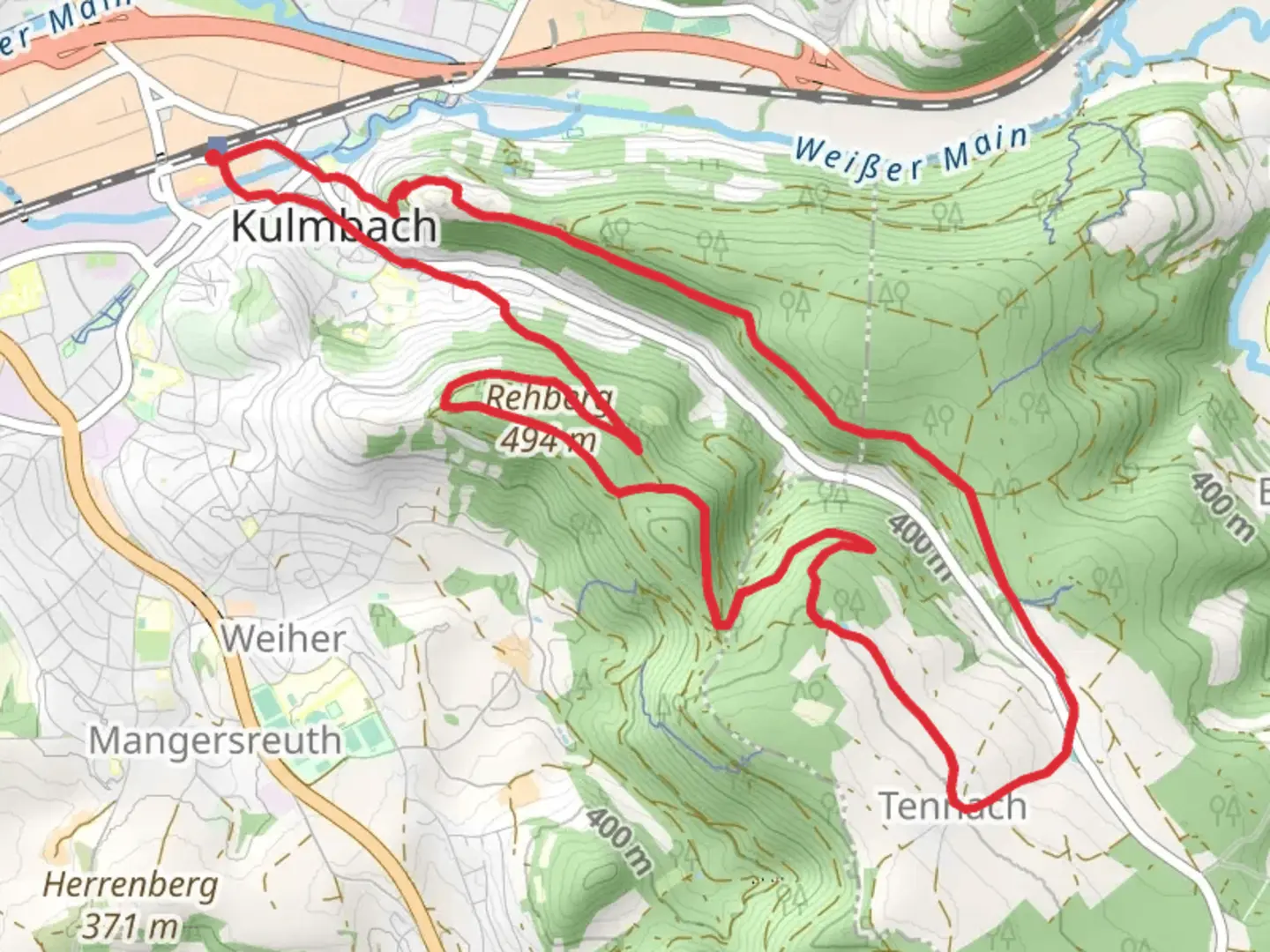 An image depicting the trail Frankenwald Steigla Rehberg Weg and its surrounding area.