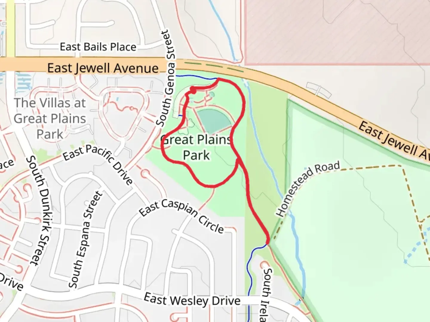 An image depicting the trail Great Plains Park Loop and its surrounding area.