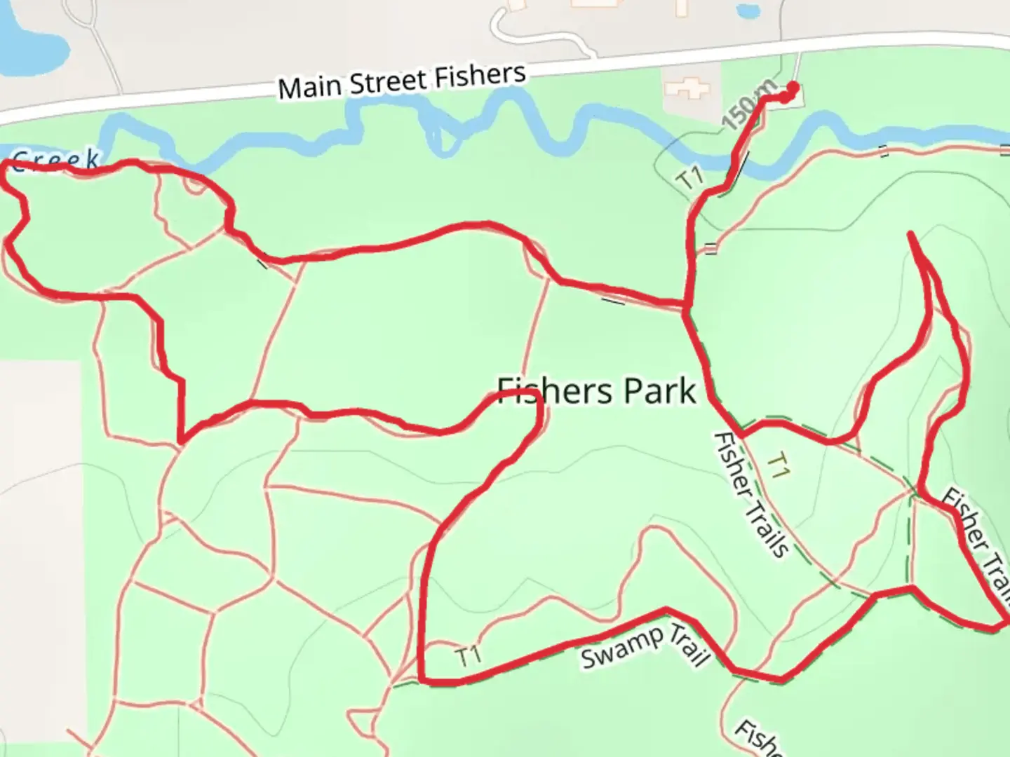 An image depicting the trail Fishers Park Loop via Irondequoit Creek and its surrounding area.