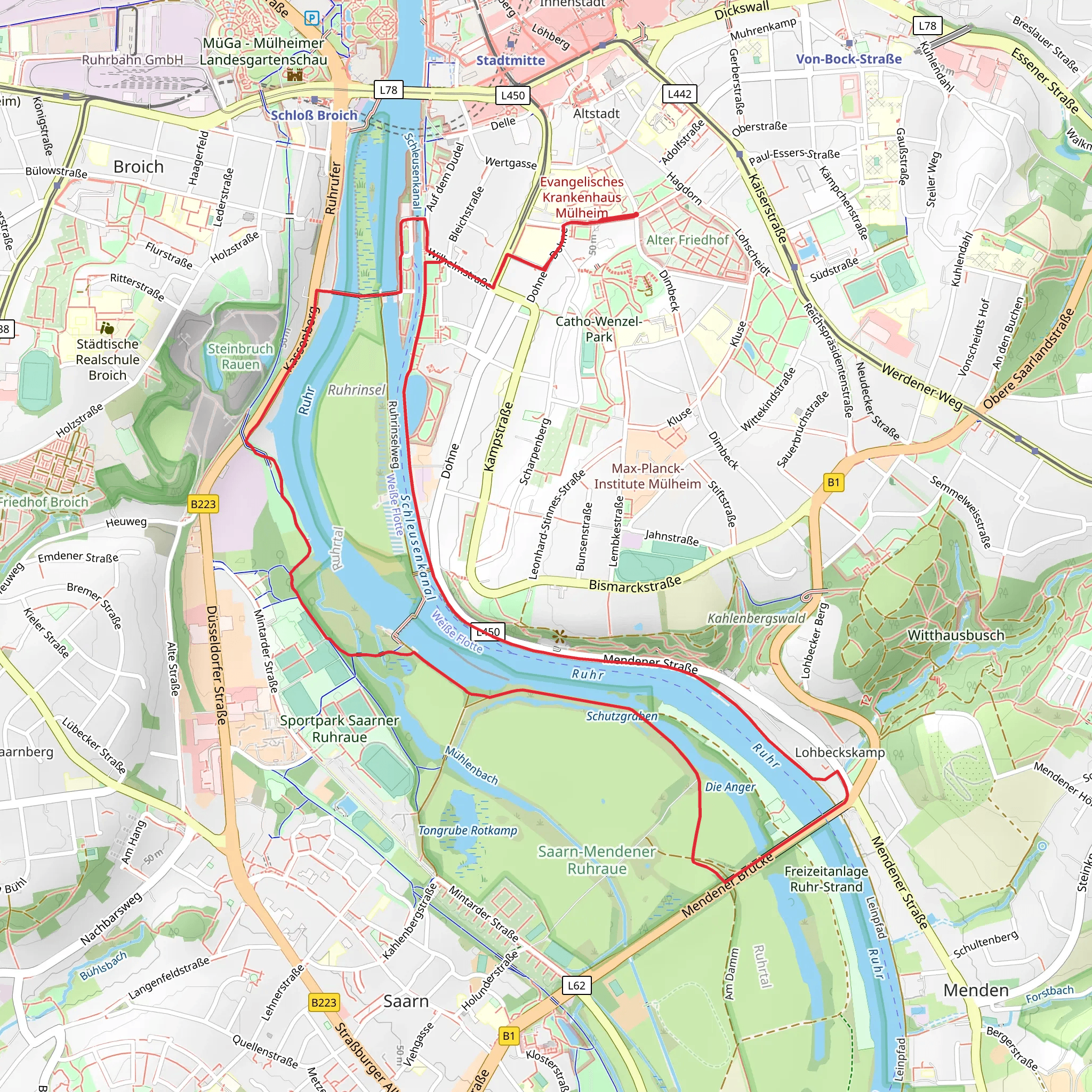 Schleusenkanal and Ruhr via Muelheim Wasserbf Rundweg and U Styrum Mintard Wasserbf mobile static map