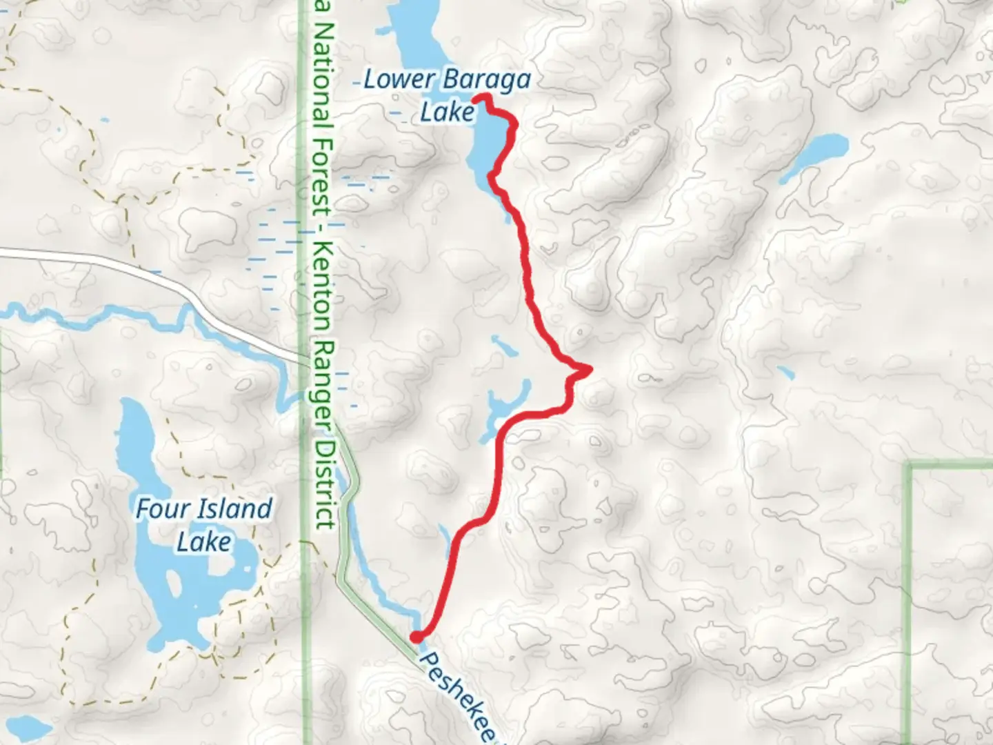 An image depicting the trail Lower Baraga Lake via White Deer Lake Trail and its surrounding area.