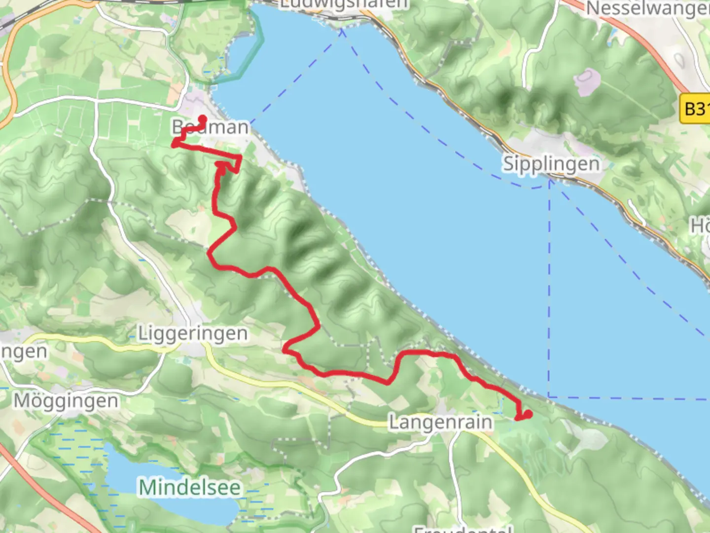 An image depicting the trail Bodman to Kargegg Walk via Ruine Alt Bodman and its surrounding area.