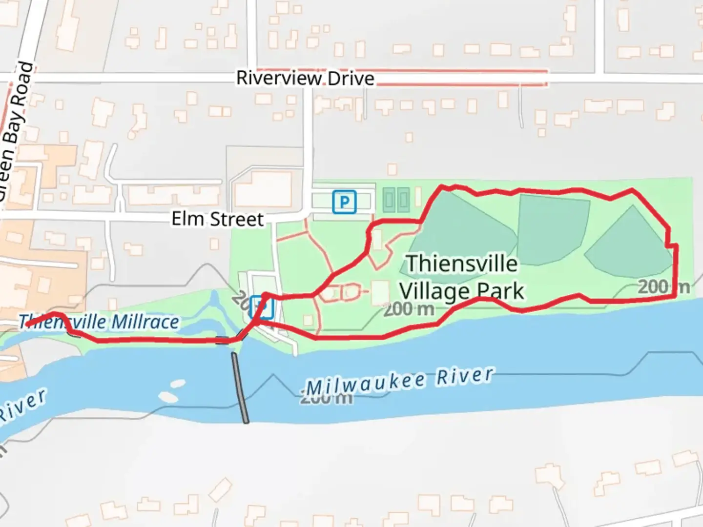 An image depicting the trail Thiensville Millrace and Village Park Loop and its surrounding area.