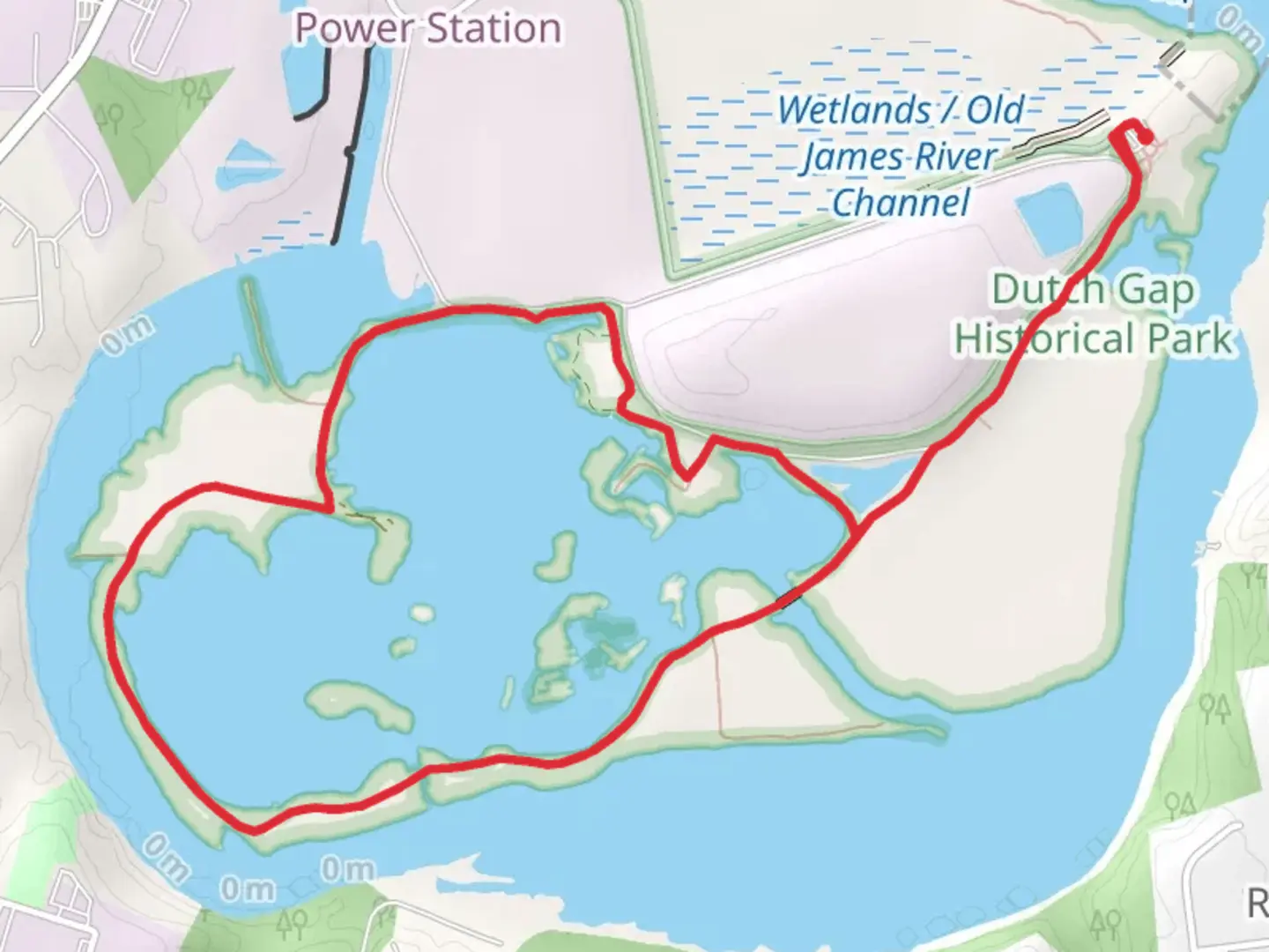 An image depicting the trail Dutch Gap Historical Park Loop and its surrounding area.