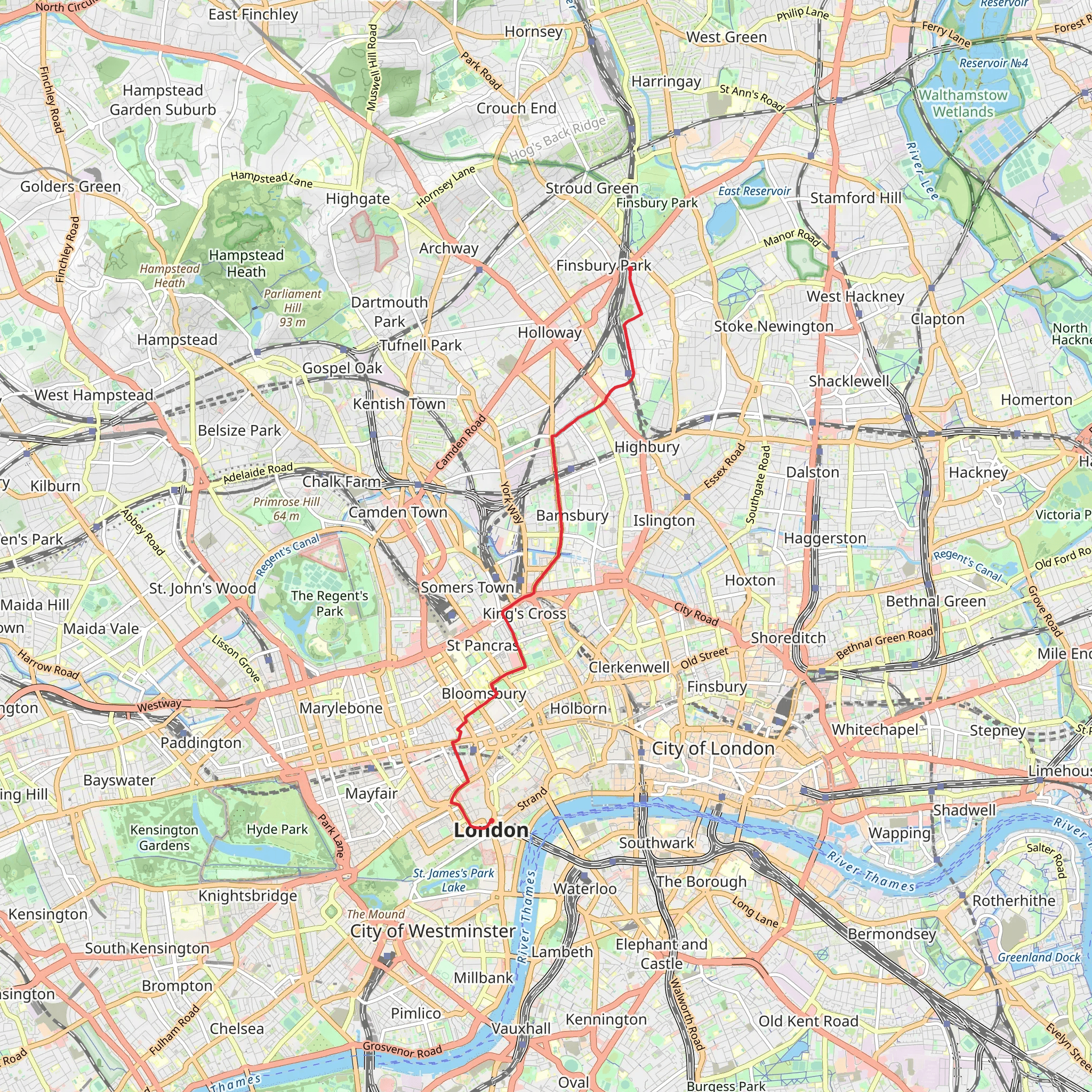 Finsbury Park to Trafalgar Square Walk mobile static map