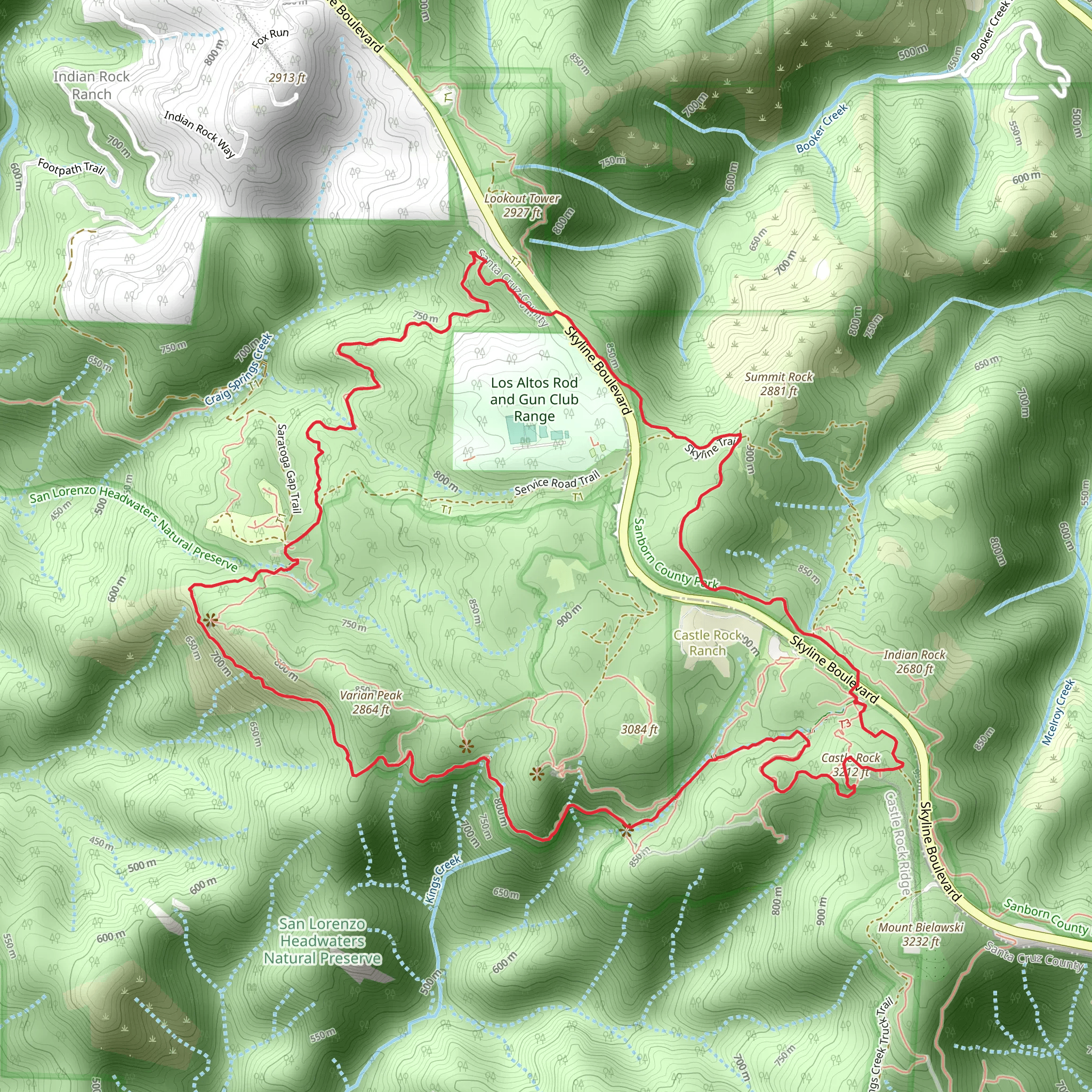 Castle Rock, Saratoga Gap and Skyline Loop Trail mobile static map