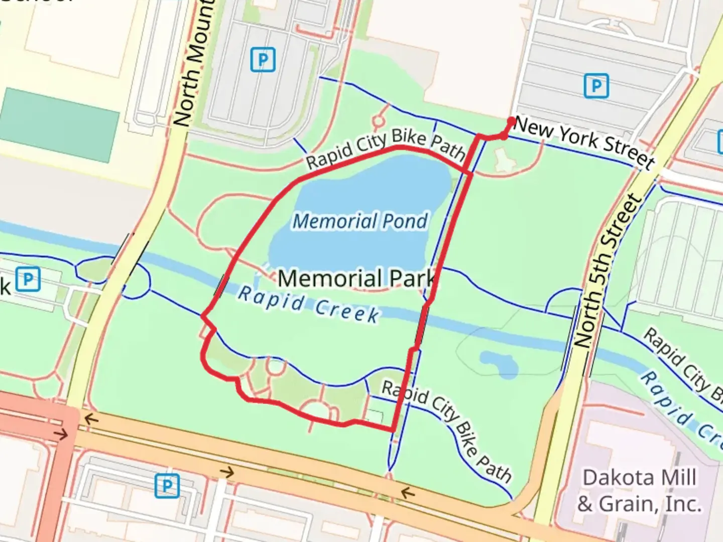 An image depicting the trail Memorial Pond and Park Loop via Rapid City Path and its surrounding area.