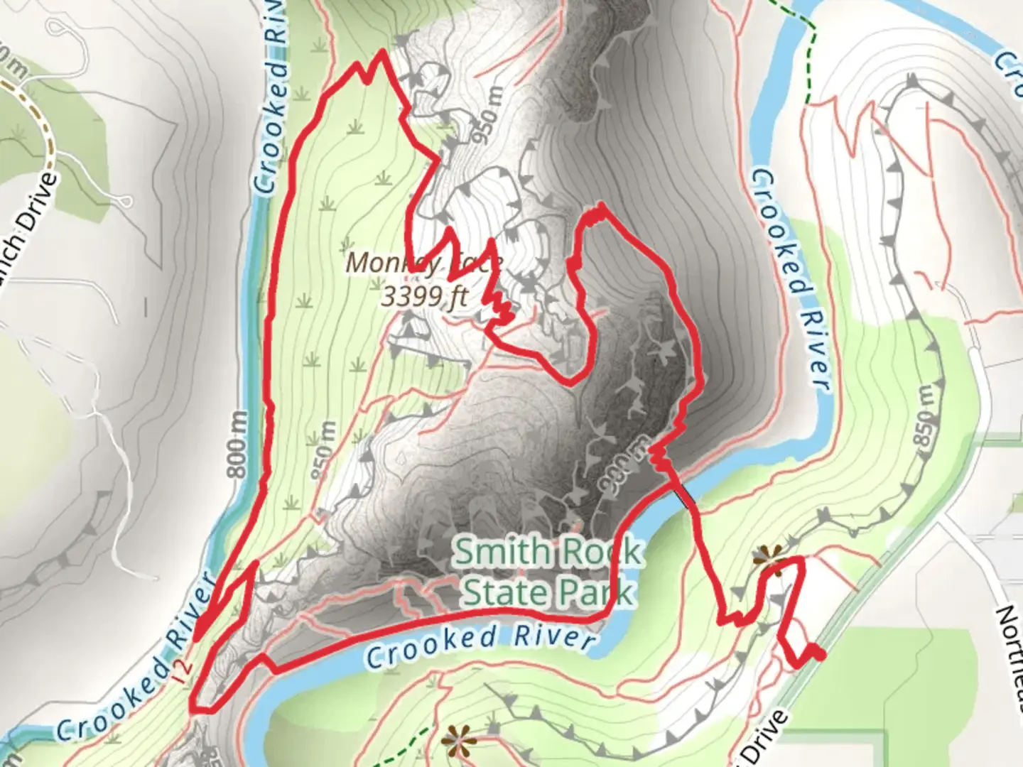 An image depicting the trail Monkey Face - Mesa Verde - Misery Ridge - Asterisk Pass Loop Trail and its surrounding area.